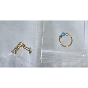 Blue Opal Nose Ring Hoop & 3 L Shaped Nose Studs Stainless Steel Gold Tone New